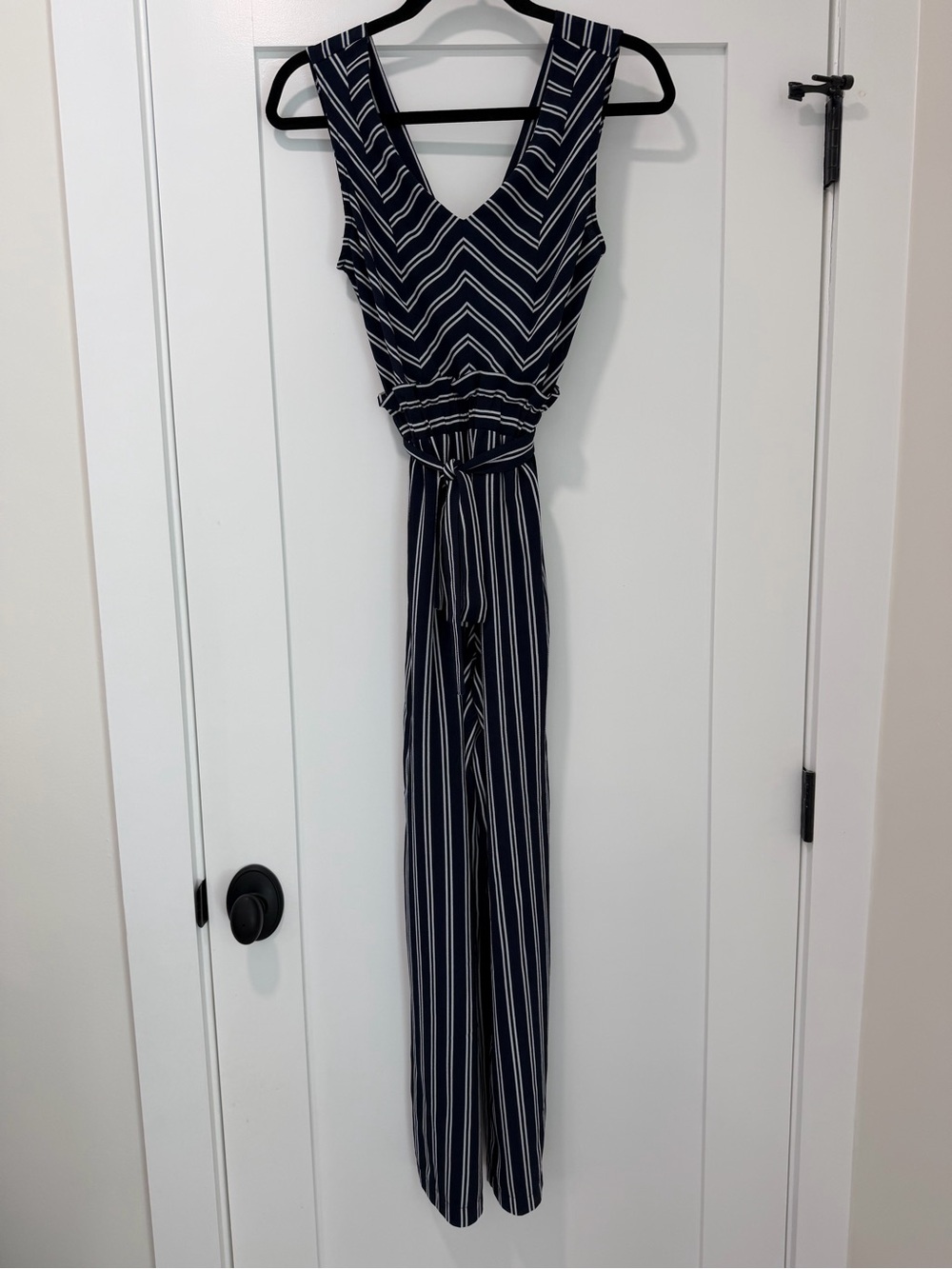 Monteau Navy and White Striped V-Neck Jumpsuit with Tie Waist